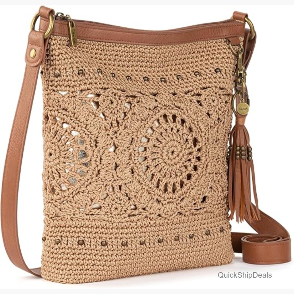 Crochet Crossbody Bag With Adjustable Strap, Multiple Pockets, Vegan Lining